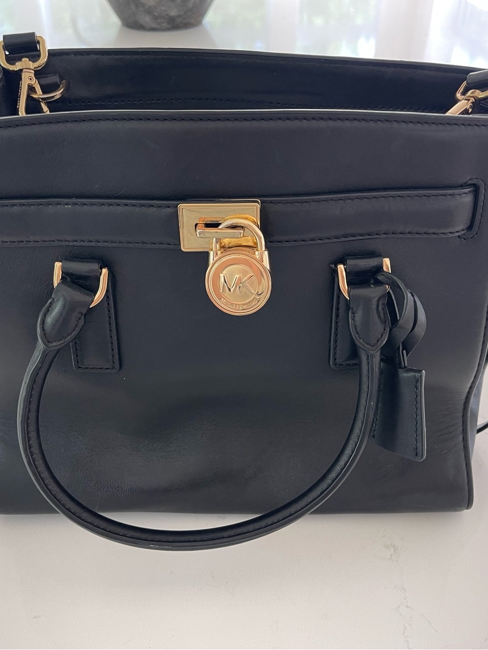 Michael Kors Black Leather Satchel with Gold Hardware and MK Lock